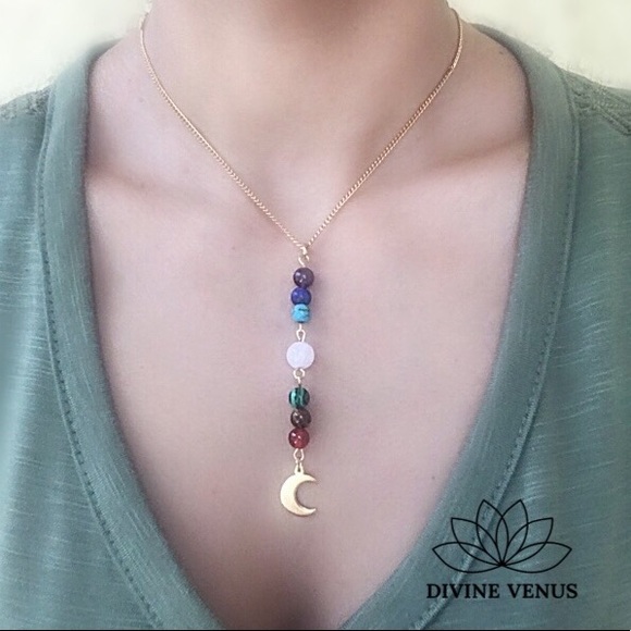Chakra Moon Genuine Gemstones Necklace Choker - Picture 5 of 5
